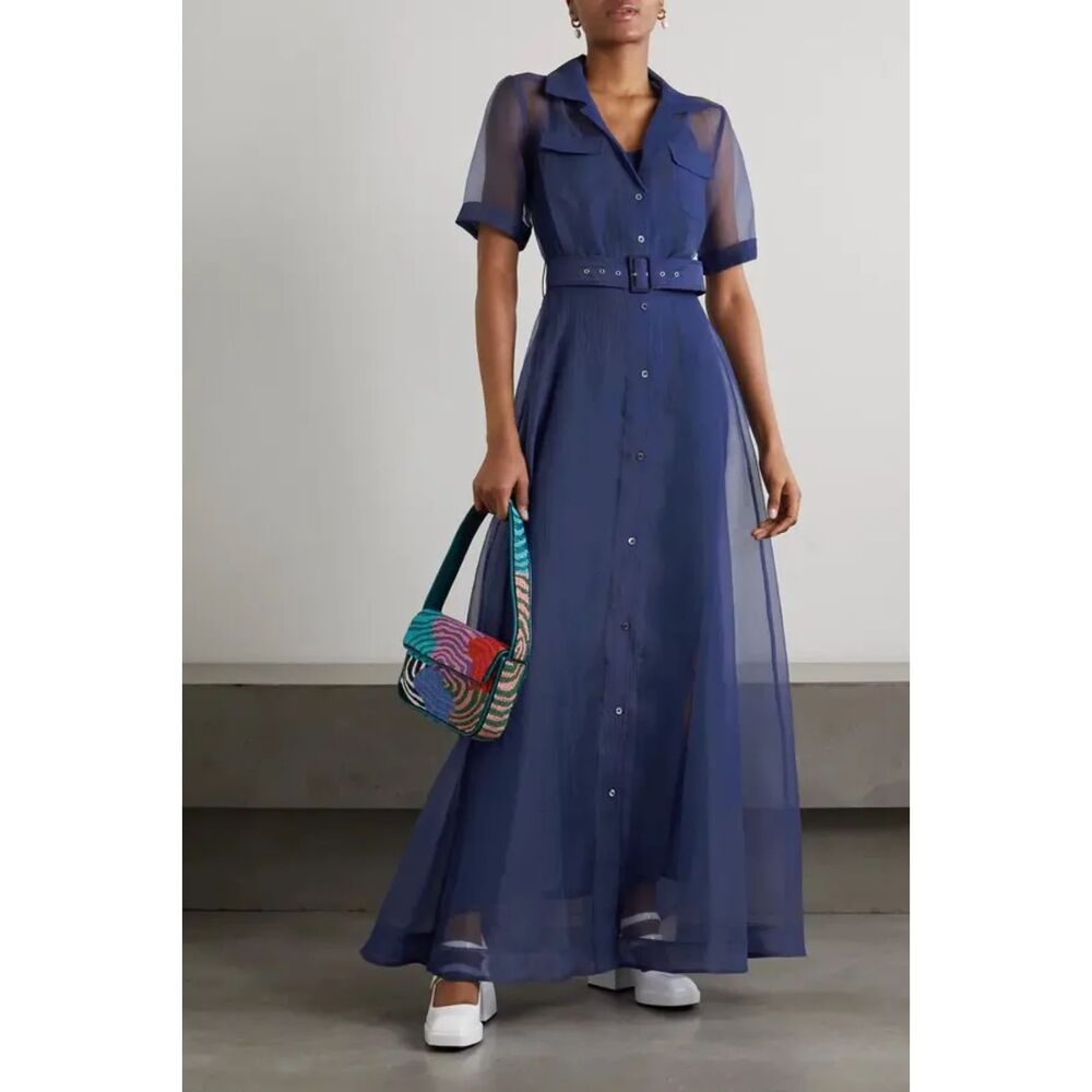 Staud Millie Organza Short-Sleeve Belted Maxi Shirtdress NWT 4 in navy - Picture 2 of 8